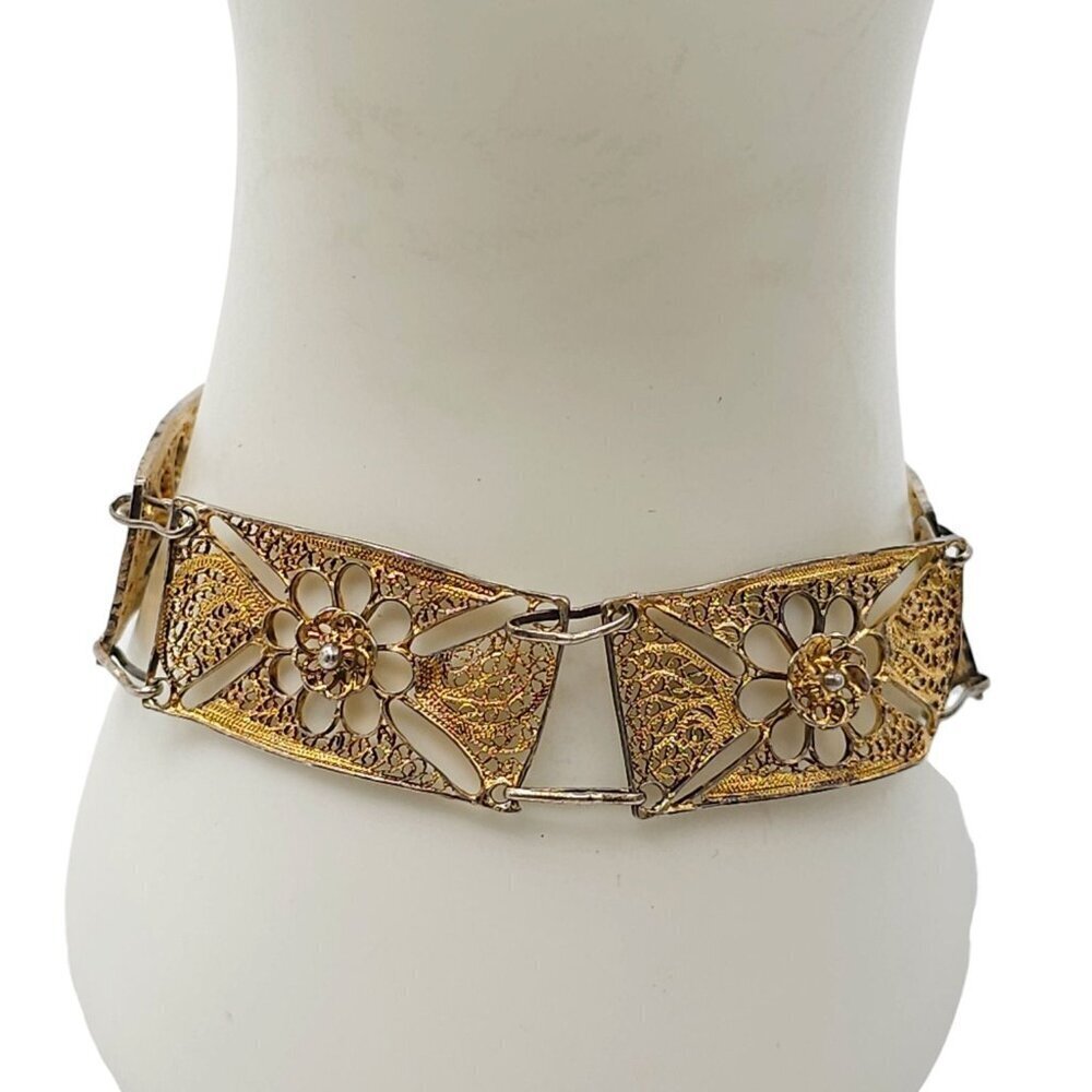 Floral Filigree Panel Link Bangle Bracelet Spring Ring Closure Gold Tone Vintage